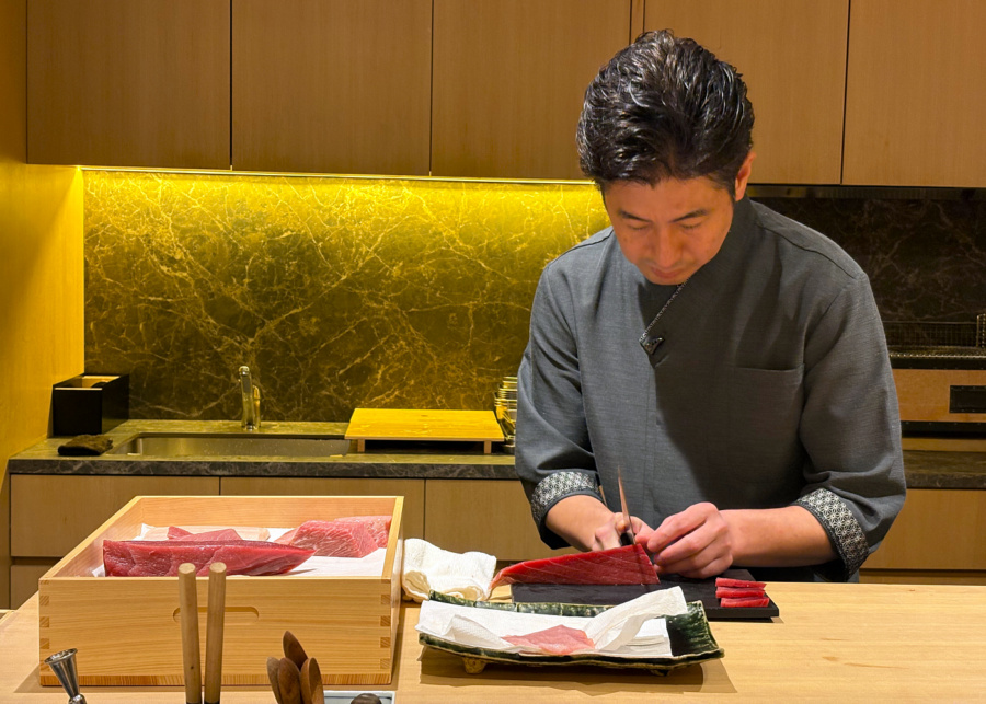 Jiin Omakase's Chef Sakomoto preparing the chutoro