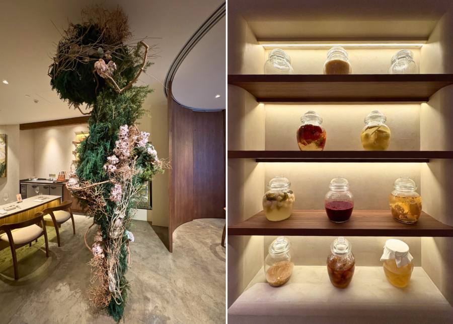 Tree installation and fermentation bottles | Asin restaurant in Singapore chef Ace Tan