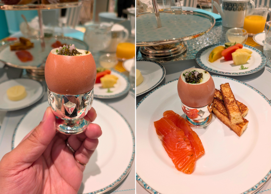 Oita egg a la coque with Oscietra caviar, warm toasted brioche, and cured Tasmanian Petuna trout | Blue Box Cafe Tiffany & Co Singapore