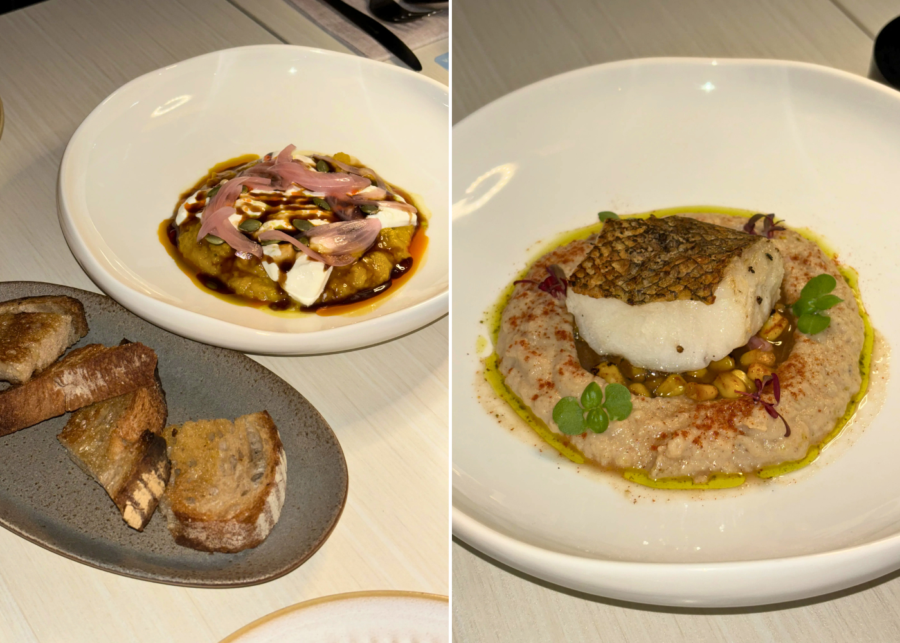 Foura's burratina and pumpkin puree with toasted sourdough & Patagonian toothfish | New restaurants and menus in Singapore 2026