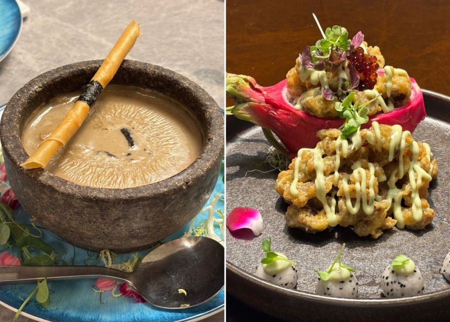 LingZhi Greens' truffle mushroom bisque and wasabi-mayo monkey mushroom in fresh dragon fruit | New restaurants and menus in Singapore 2026