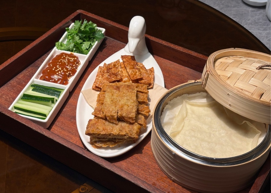 LingZhi Greens' vegetarian goose and crispy beancurd skin served with wheat wrap | New restaurants and menus in Singapore 2026
