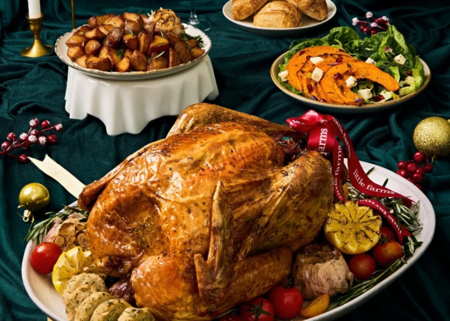 Best Christmas 2026 food delivery in Singapore - Little Farms Christmas set with roasted turkey, pumpkin feta salad and roasted potatoes