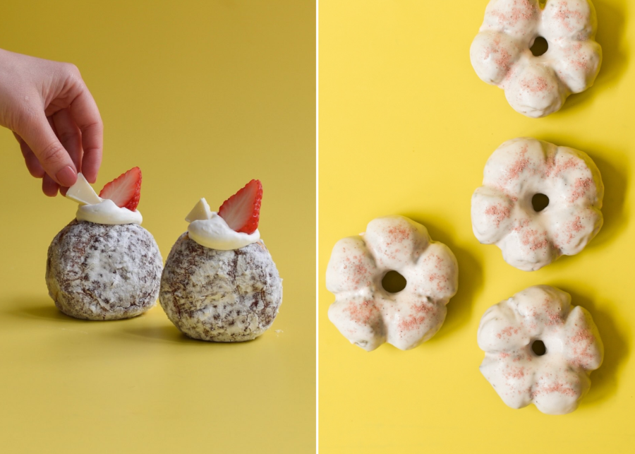 White bean & strawberry coconut cream donuts and sakura & mugwort fresh French cruellers | I'm Donut?