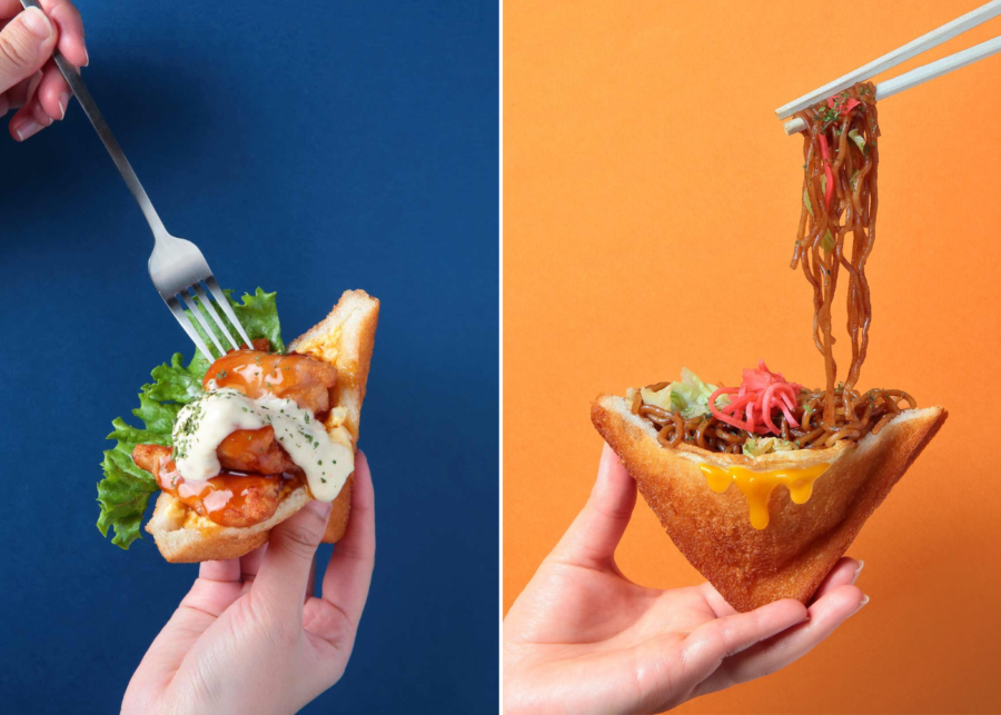 Left: chicken nanban sando, right: fried noodles sando.