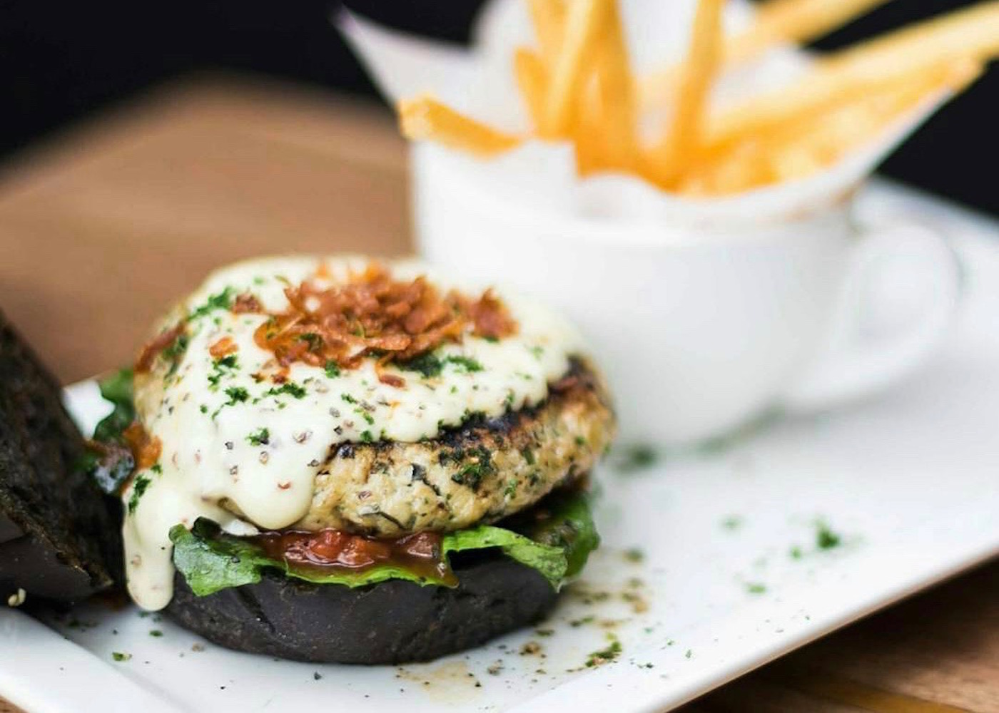 Burger and fries at WahWah restaurant in Seminyak, Bali, Indonesia