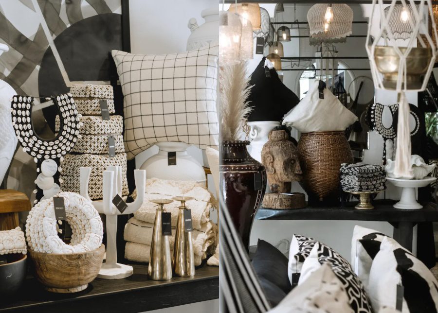 Cushions, sculptures, lamp shades and table decor at Kim Soo - homeware store in Seminyak, Bali, Indonesia