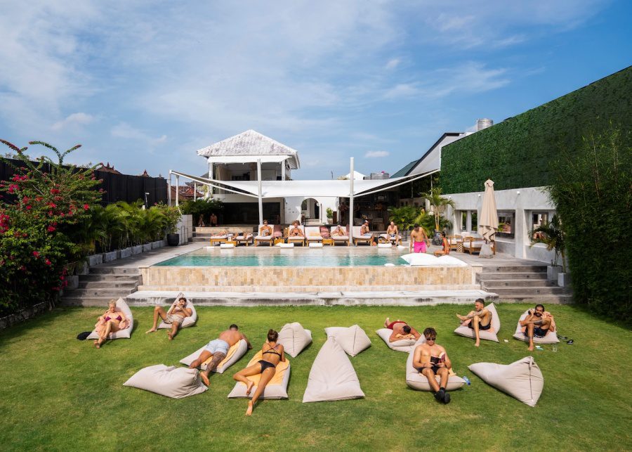 The swimming pool and lawn at Body Factory Bali in Canggu - one of the best gyms in Bali, Indonesia