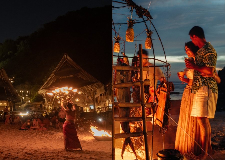 Fire dance bonfire and seafood BBQ at sunset at sundays beach club in Uluwatu, Bali, Ungasan