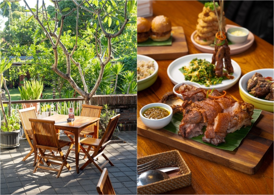 Open-air deck and roasted pork knuckle at WAHAHA - a family friendly restaurant in jimbaran, bali