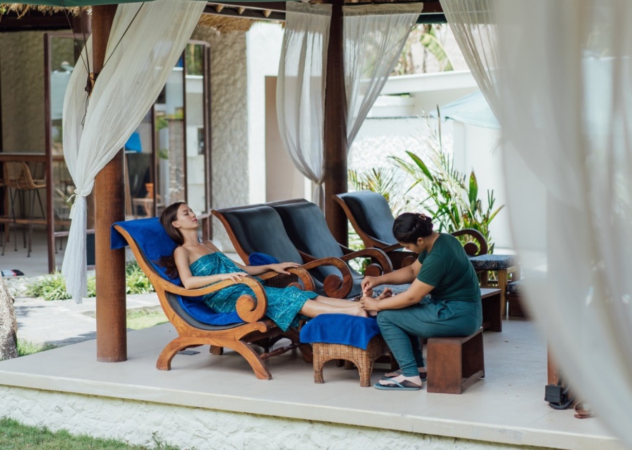 The open-air massage pavilion at The Beach Spa & Cafe in Sanur, Bali, Indonesia
