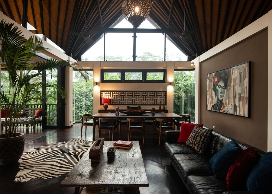 The living room with modern amenities, design and decoration in Villa Naga Putih near Ubud, Bali, Indonesia