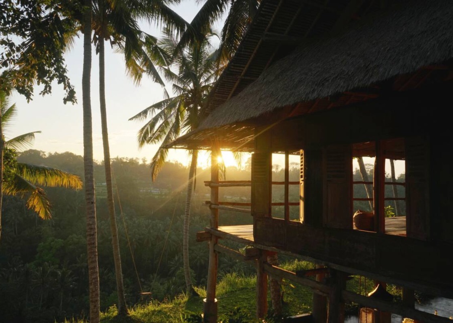 Zen Hideaway's wooden hut, overlooking the jungle at sunrise - one of the best holiday villas in Ubud, Bali, Indonesia