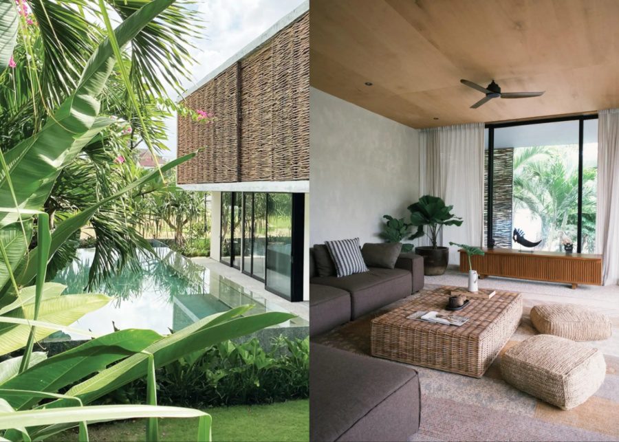 The private swimming pool and living room at Sandhouse villa in Berawa, Canggu, Bali
