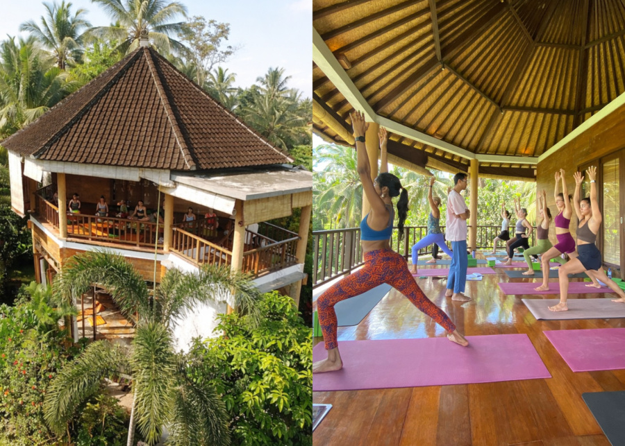 Class at the second floor balcony of Ubud Yoga House in Bali, Indonesia