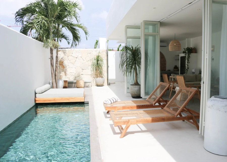 The private pool and sundeck at Casa Palma villa near Berawa Beach in Canggu, Bali, Indonesia