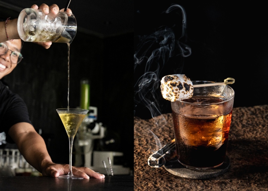 Bartender mixing signature cocktails at Waatu, a restaurant and bar in Uluwatu, Bali, Indonesia