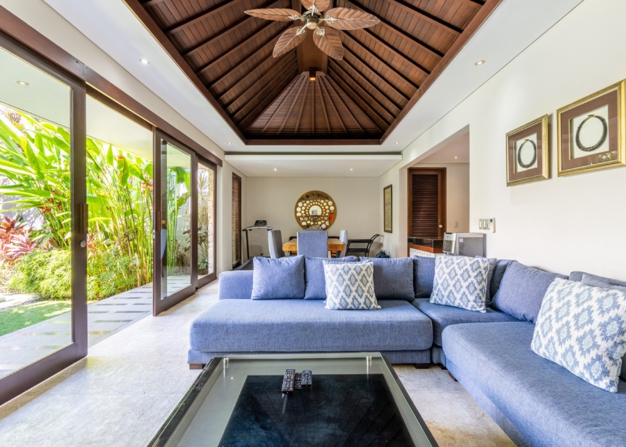 the living room inside the pool villa at Kejora Villas in Sanur, Bali, Indonesia