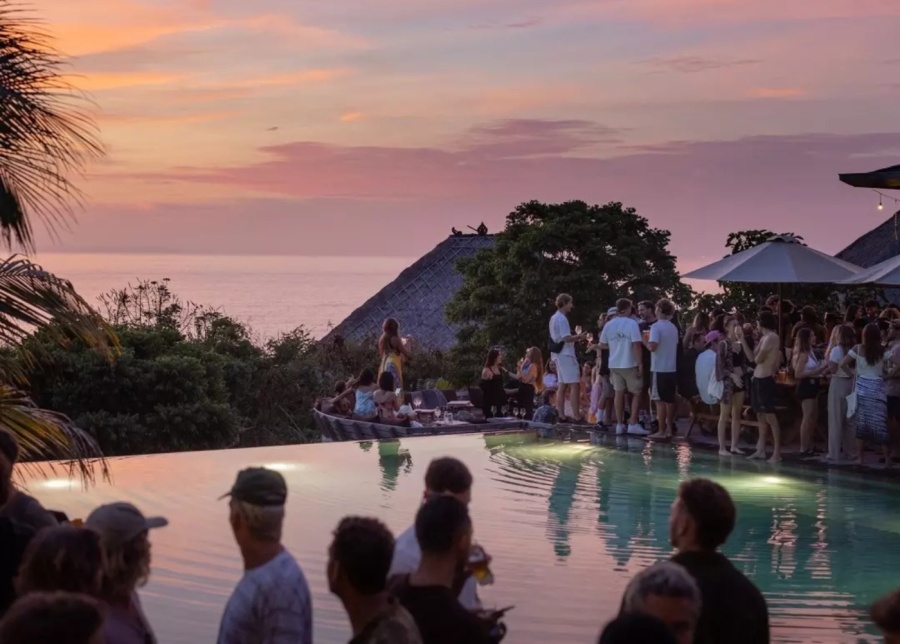 Sunset and pool party every Friday night at Mana Restaurant at Uluwatu Surf Villas, Bali, Indonesia