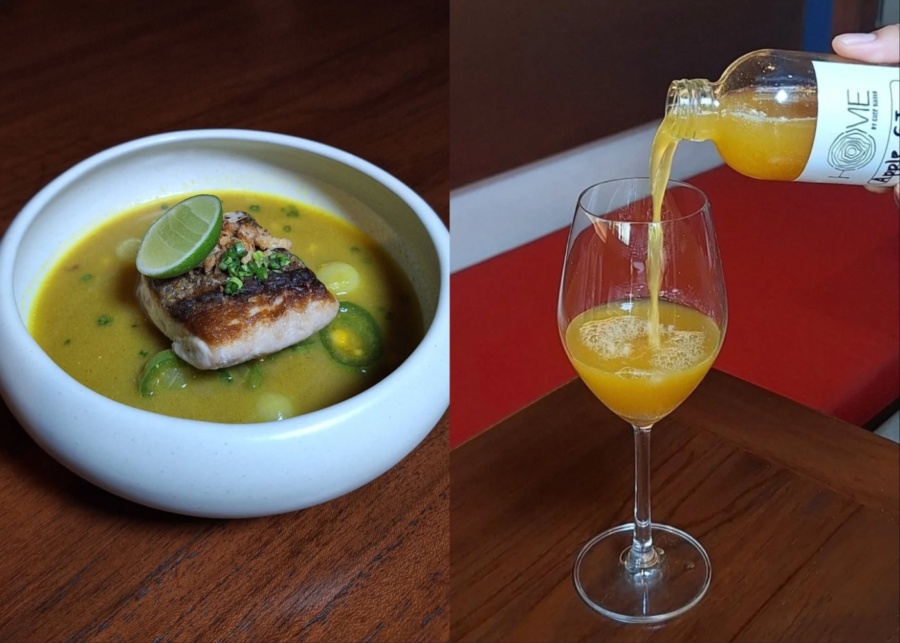 Fish soup and homemade kombucha at Home by chef wayan, indonesian restaurant in Canggu, Pererenan, Bali