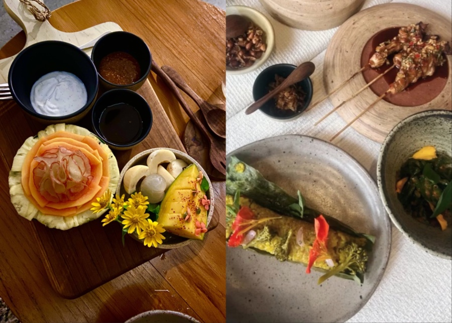 Fruit spread and Indonesian lunch at Syrco Base restaurant in Ubud, Bali