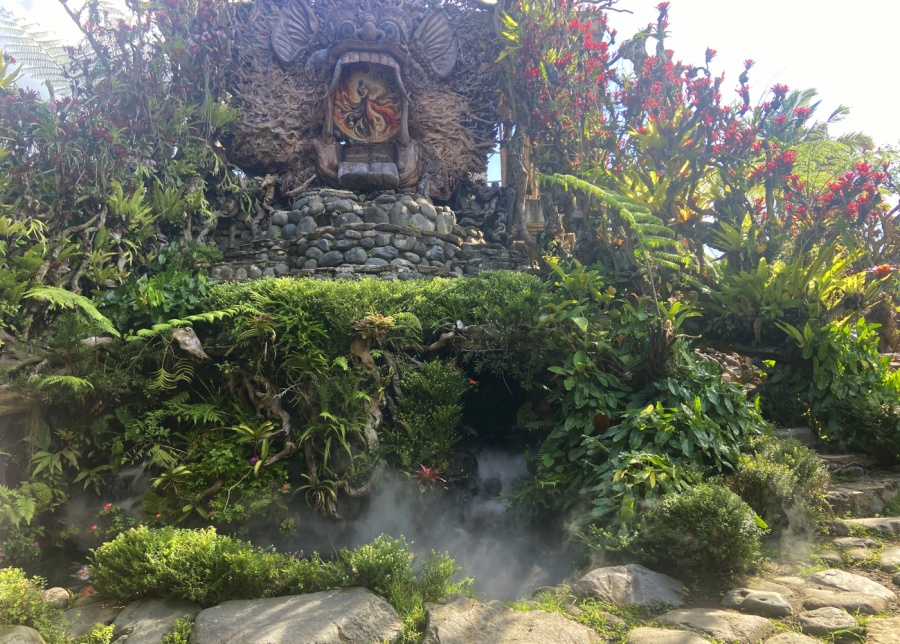 The foggy koi pond and garden inside Sari Timbul Glass Factory near Ubud, Bali