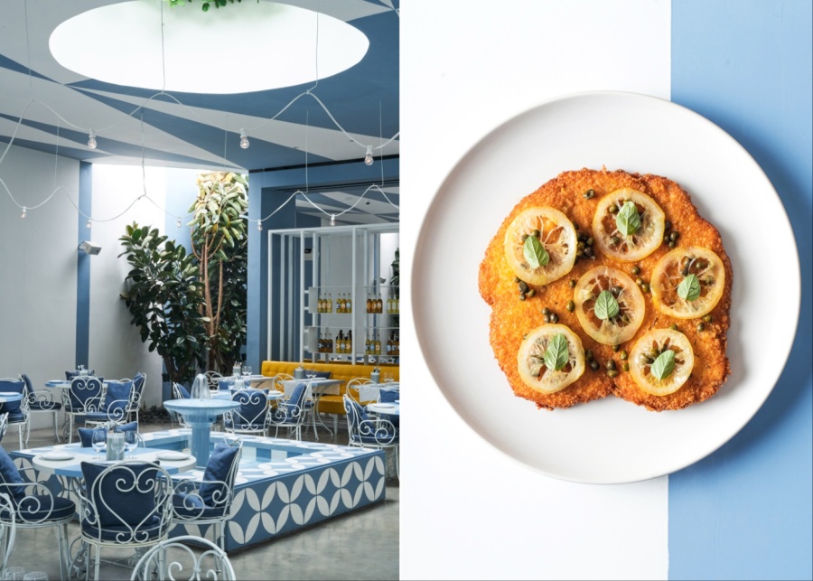 Interiors and chicken dish at Da Maria – a blue and white Italian restaurant in Seminyak, Bali, Indonesia