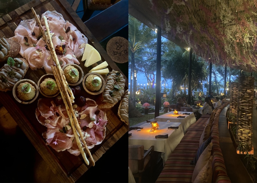 Italian charcuterie board and ocean-facing seating at Byrd House, a beachfront restaurant in Sanur, Bali, Indonesia