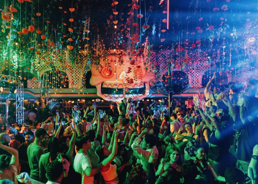 Crowds of people at the Day of the Dead party 'Dia De Los Muertos' at Motel Mexicola Seminyak and Canggu, Bali Indonesia