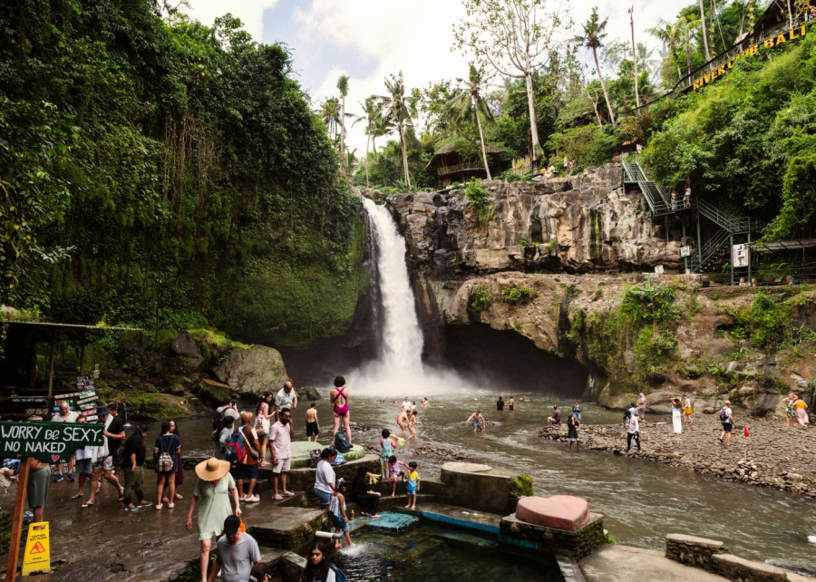 Families and kids at Tegenungan Waterfall near Ubud, Bali, Indoensia