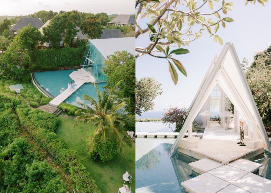 Views over the glass chapel at Tirtha -a destination wedding venue in Uluwatu, Bali, Indonesia
