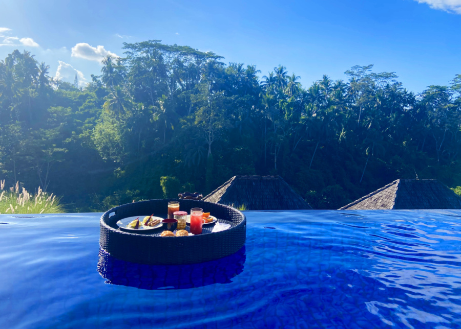 In-villa floating breakfast at Viceroy Bali resort in Ubud