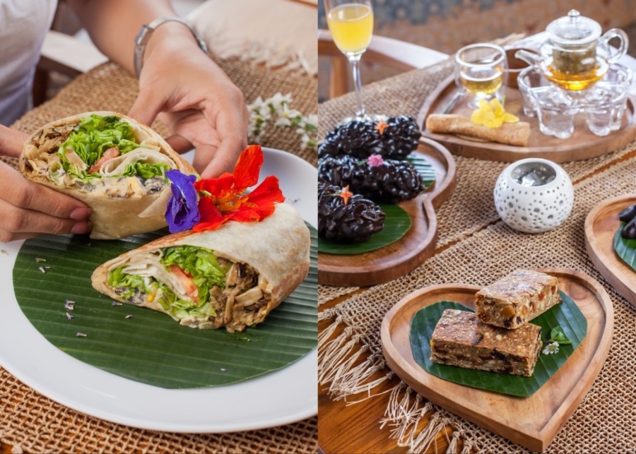Healthy plant-based breakfast burrito and raw desserts at Wild Vegan cafe in Ubud, Bali, Indonesia