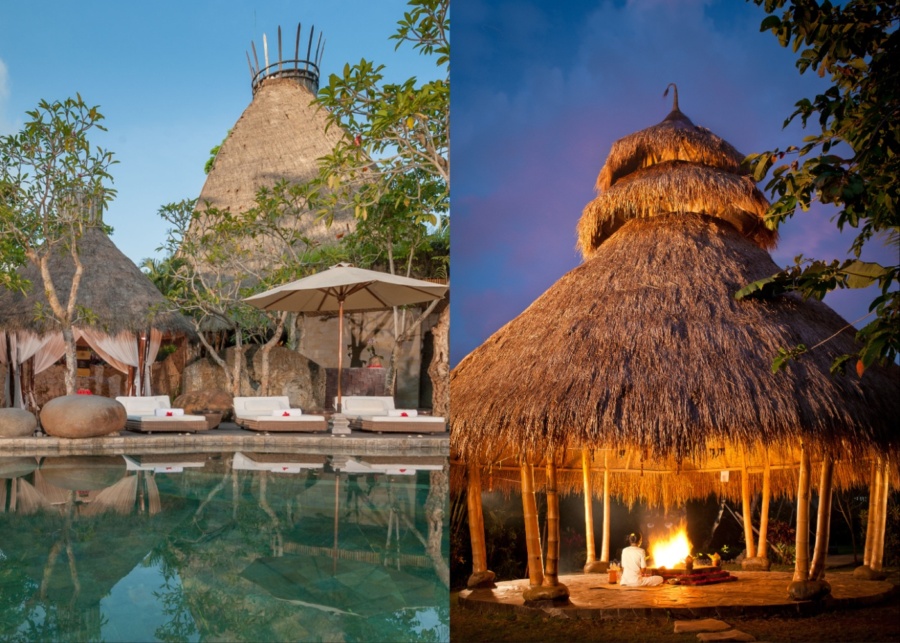 Resort pool and agni hotra fire blessing at Fivelements Retreat in Ubud, Bali - for wellness and Balinese healing