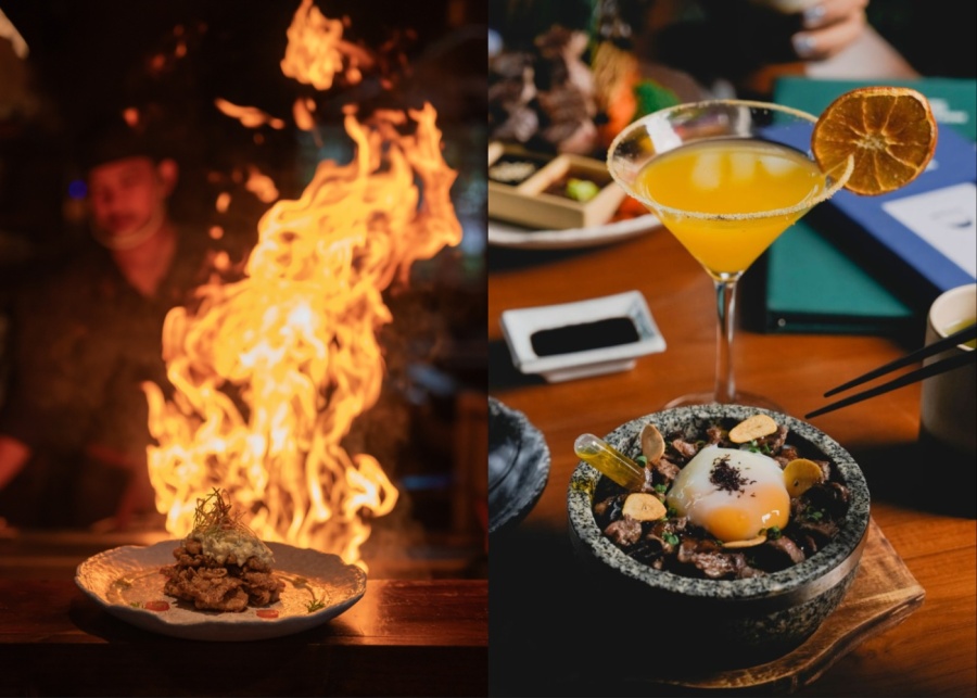 Left: Fire from the Teppanyaki Grill. Right: Beef Truffle Don & Yuzu Margarita at Rayjin Japanese Restaurant in Bali, Indonesia