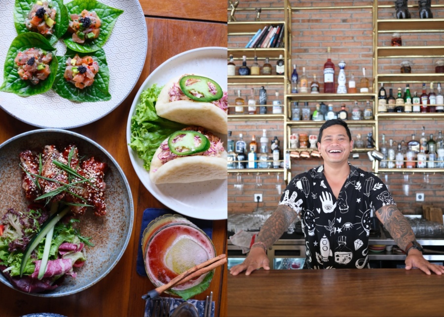 Left: Asian plates and a cocktail. Right: Ketut, the owner of Ibu Susu restaurant in Ubud, Bali, Indonesia