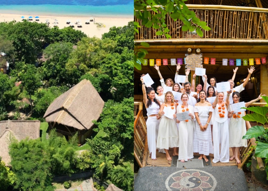 Beachfront shala and group of yogis, enjoying a Yoga Teacher Training course at Power of Now in Sanur, Bali, Indonesia 