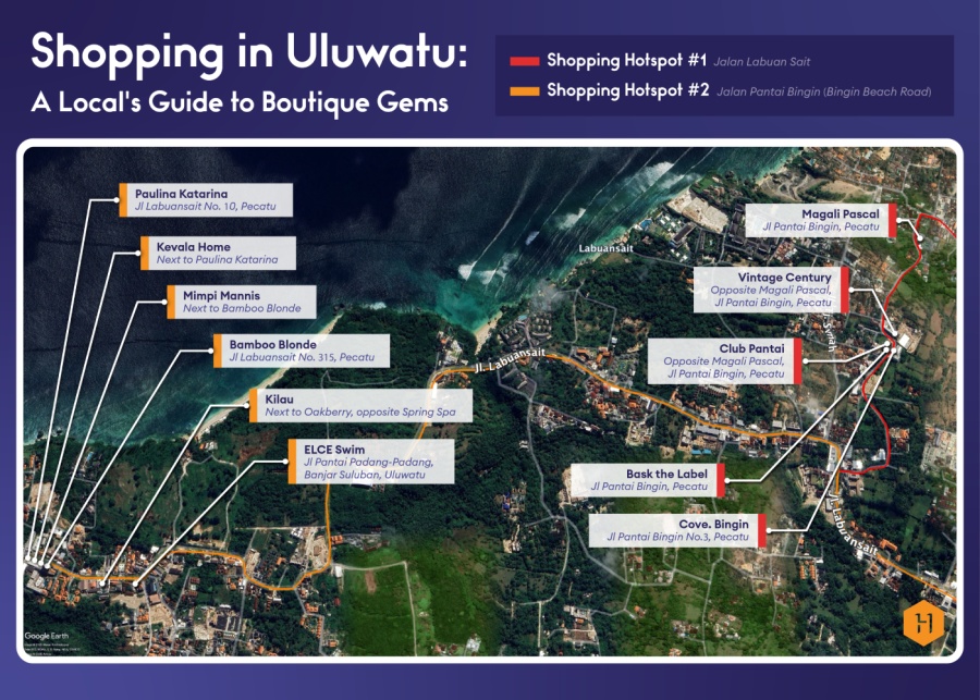 Map of Bingin Beach Road and Labuansait Street - where to shop in Uluwatu, Bali, Indonesia