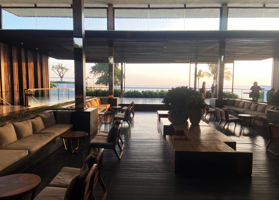 Alila Seminyak hotel lobby at sunset - a luxury resort in Bali, Indonesia