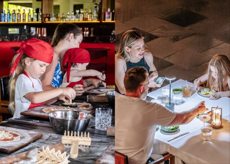 Kids pizza making class on Family Sunday at Kudeta Beach Club and restaurant in Seminyak, Bali, Indonesia
