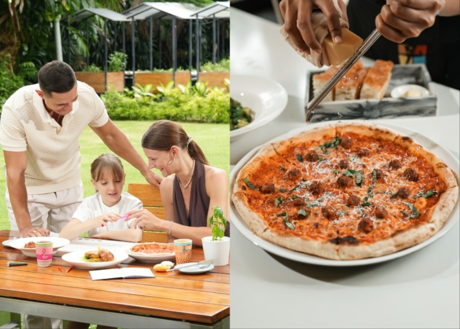 Family sharing pizza at Prego Italian restaurant in Nusa Dua, Bali - best for kids