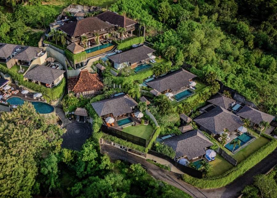 Aerial shot of Hidden Hills private villa resort in Uluwatu Bali Indonesia