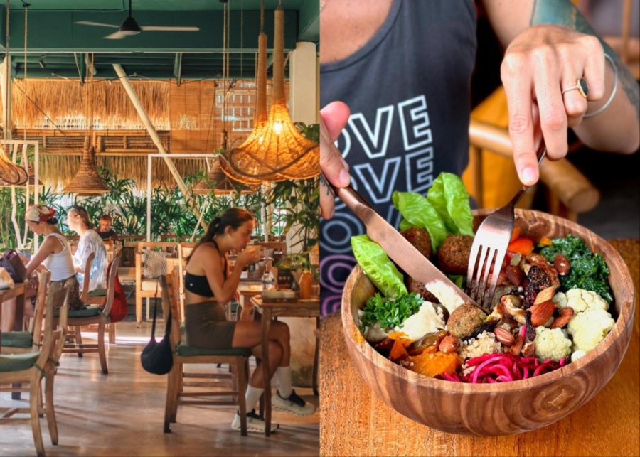Interior and healthy plant-based breakfast at Alchemy - a vegan cafe in Ubud, Bali, Indonesia
