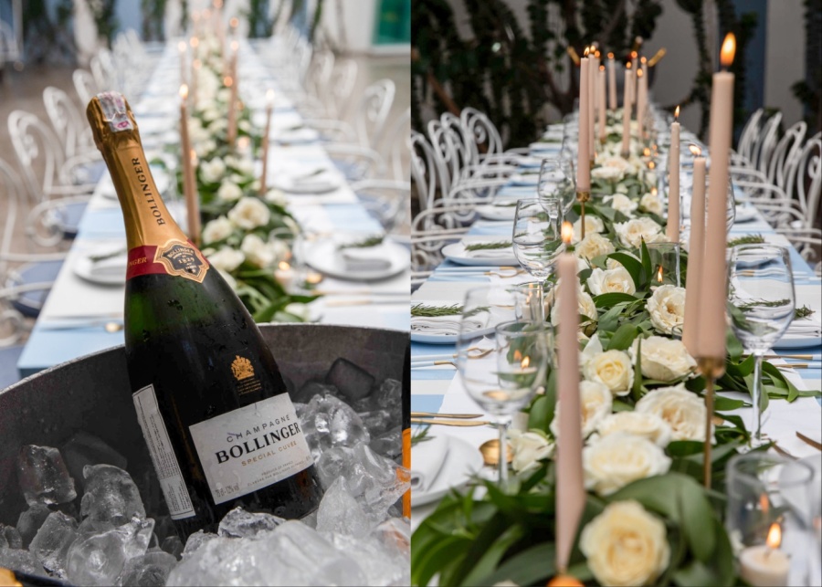 Table arrangement and champagne for wedding toasts at Da Maria in Seminyak, Bali, Indonesia