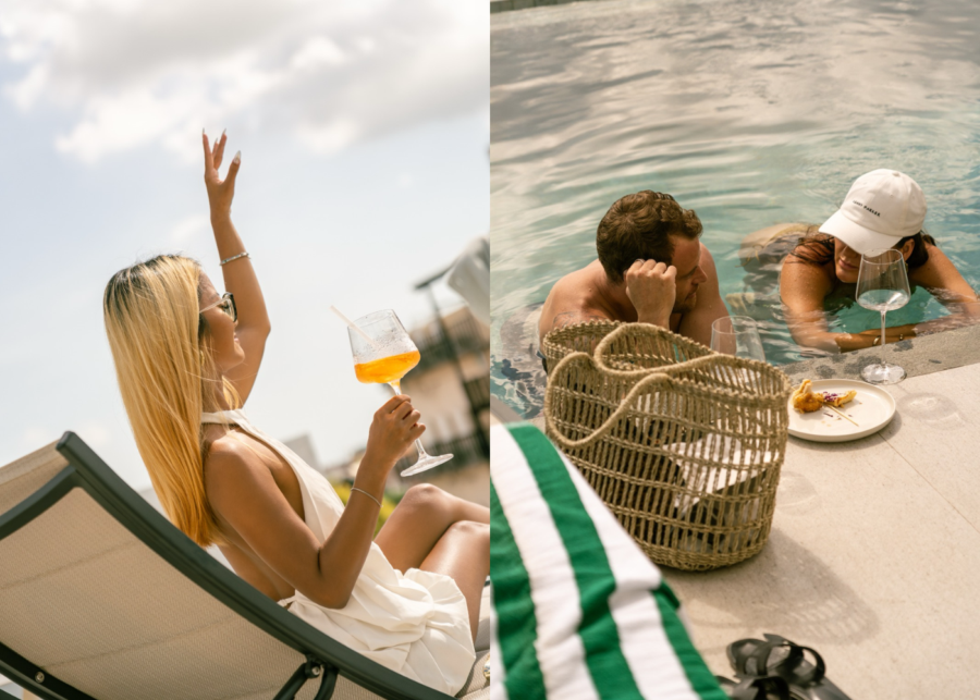 MYKAZA's Sunday Brunch in the rooftop pool with poolside snacks and a glass of wine.