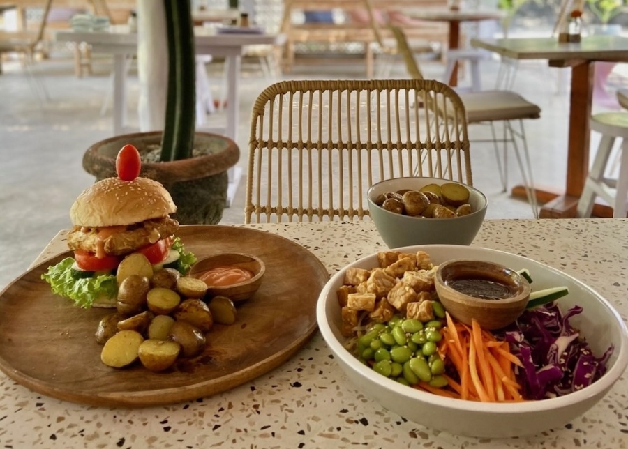 Burger and poke bowl at Secret Penida cafe and restaurant on Nusa Penida island in Bali Indonesia