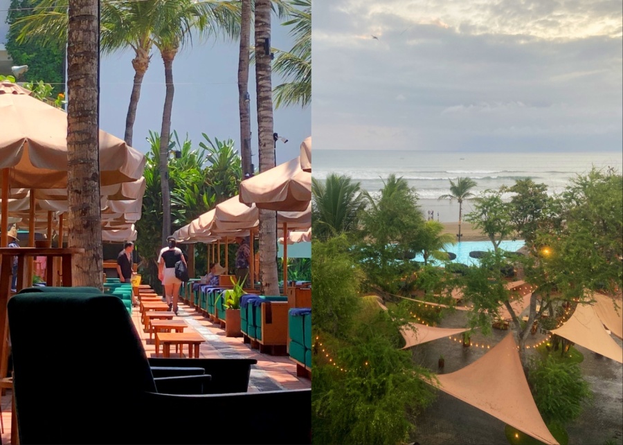 Daybeds and infinity pool overlooking Seminyak Beach at Potato Head Beach Club in Bali, Indonesia