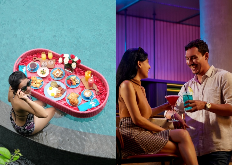 Pink floating breakfast at rooftop pool, and cocktail bar in the lobby at Aloft Bali Kuta at Beachwalk hotel