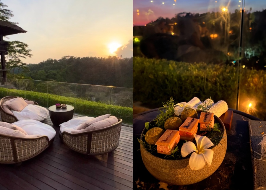 Sunset views and cocktails at Ambar Ubud Bar at Mandapa Ritz Carlton Resort in UBud, Bali, Indonesia