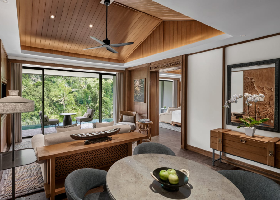 Luxurious villa living room with jungle view at Anantara Ubud Bali Resort